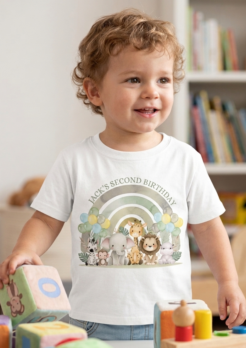 Personalised Boys 1st, 2nd 3rd Safari Birthday T-Shirt, Custom Name Toddler Party Outfit
