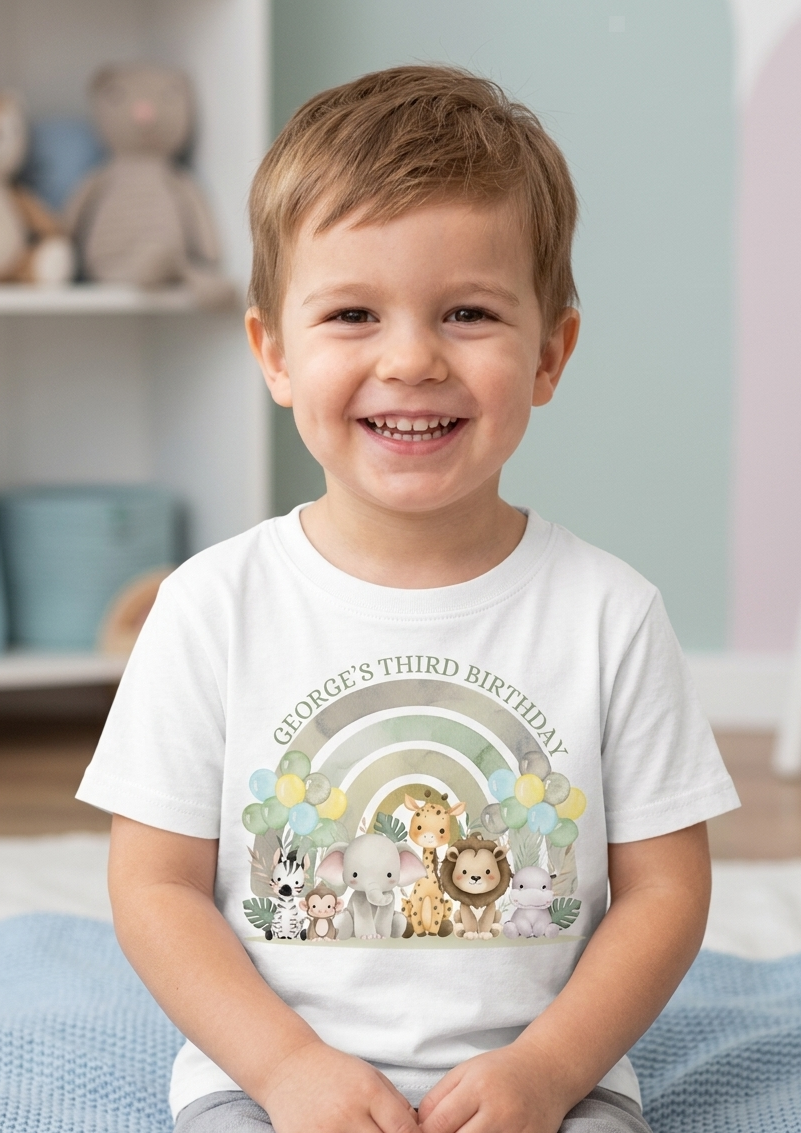 Personalised Boys 1st, 2nd 3rd Safari Birthday T-Shirt, Custom Name Toddler Party Outfit