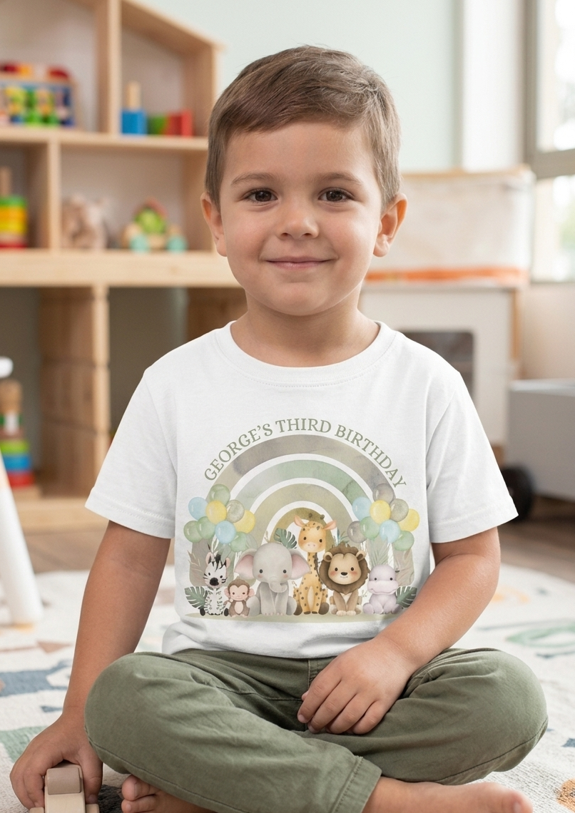 Personalised Boys 1st, 2nd 3rd Safari Birthday T-Shirt, Custom Name Toddler Party Outfit