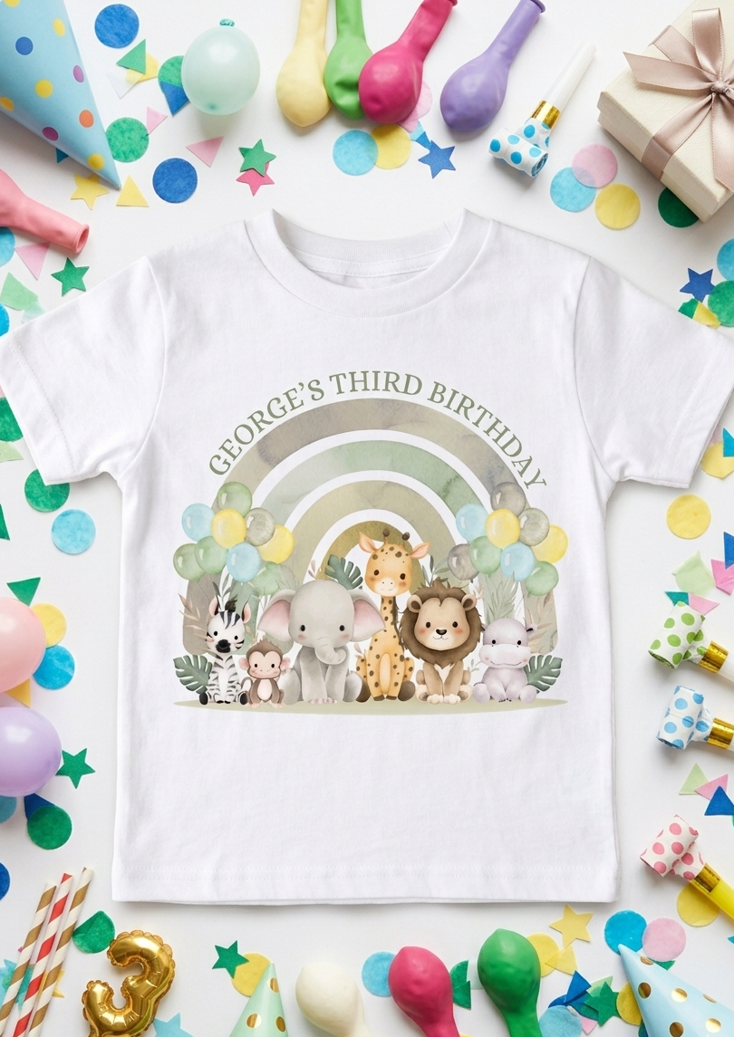 Personalised Boys 1st, 2nd 3rd Safari Birthday T-Shirt, Custom Name Toddler Party Outfit