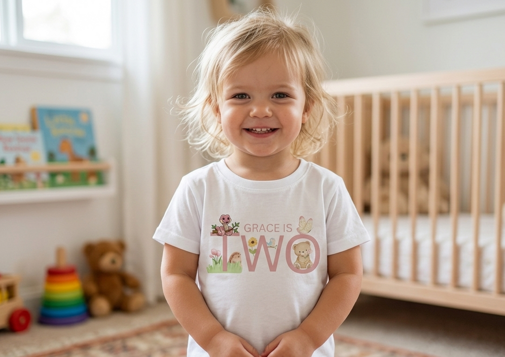 Personalised Girls First, Second Birthday Tshirt, Woodland Animal party Outfit, Girls One Two