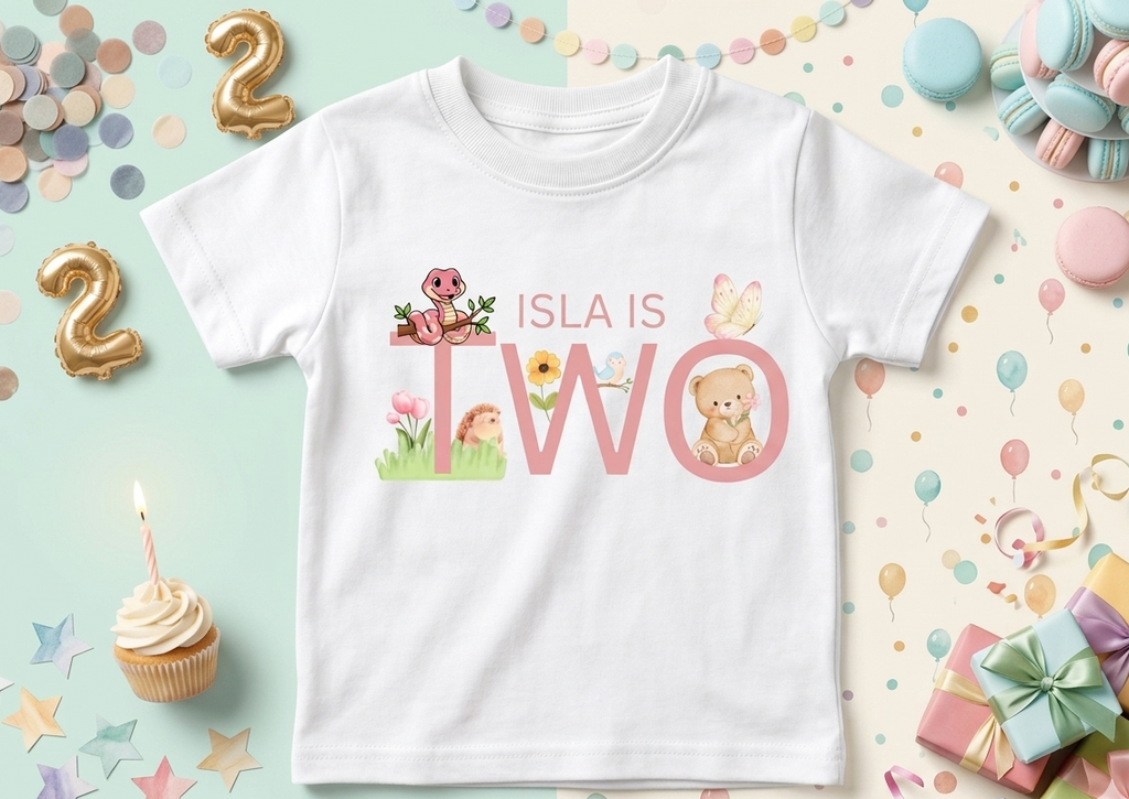 Personalised Girls First, Second Birthday Tshirt, Woodland Animal party Outfit, Girls One Two
