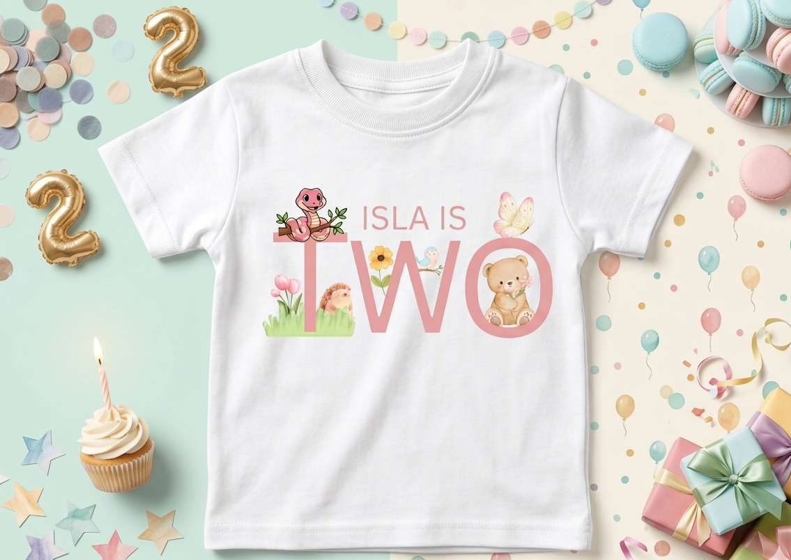 Personalised Girls First, Second Birthday Tshirt, Woodland Animal party Outfit, Girls One Two