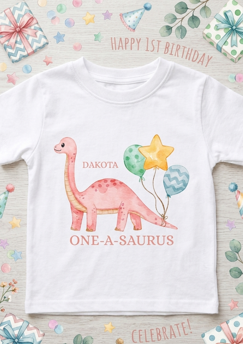 Personalised Girls Dinosaur Birthday T-Shirt, Custom Party Outfit, One Two Three