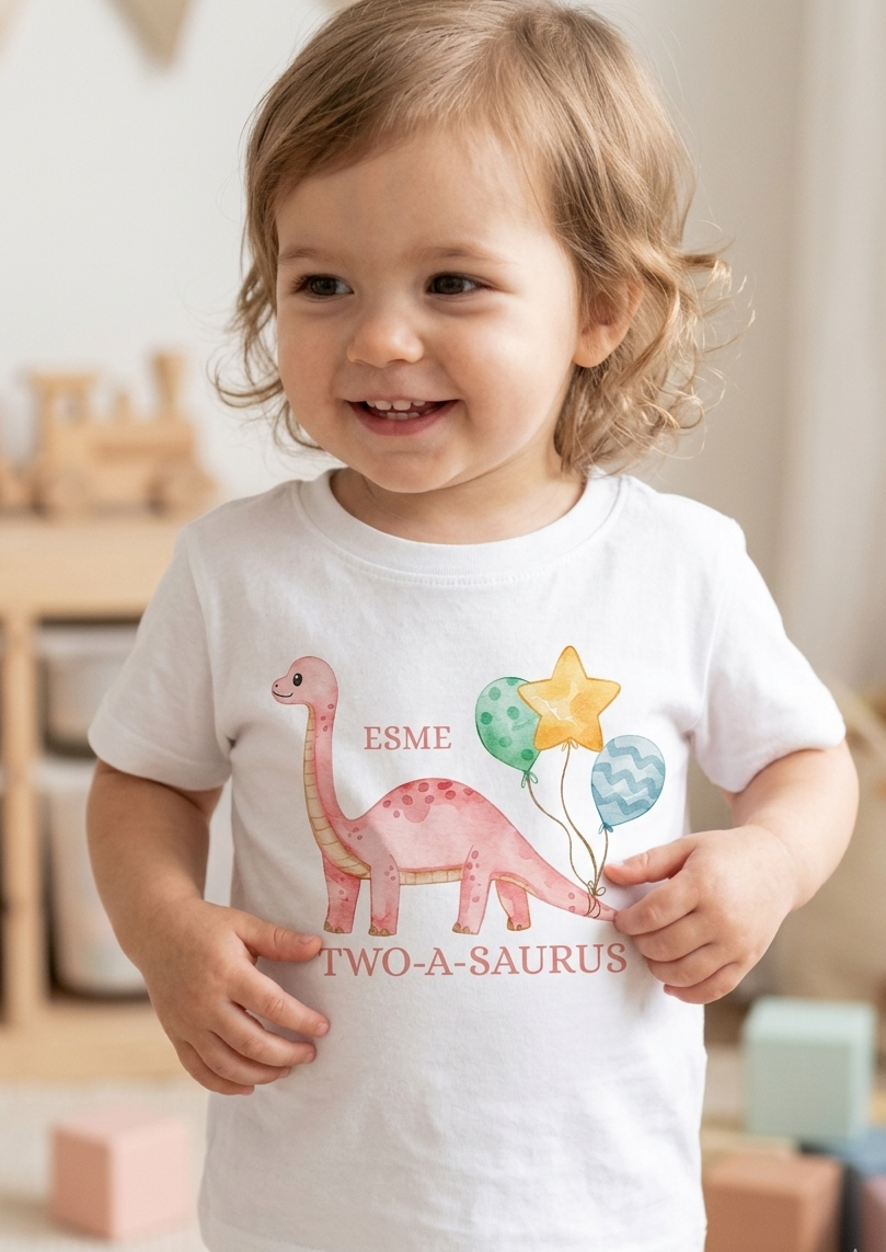 Personalised Girls Dinosaur Birthday T-Shirt, Custom Party Outfit, One Two Three