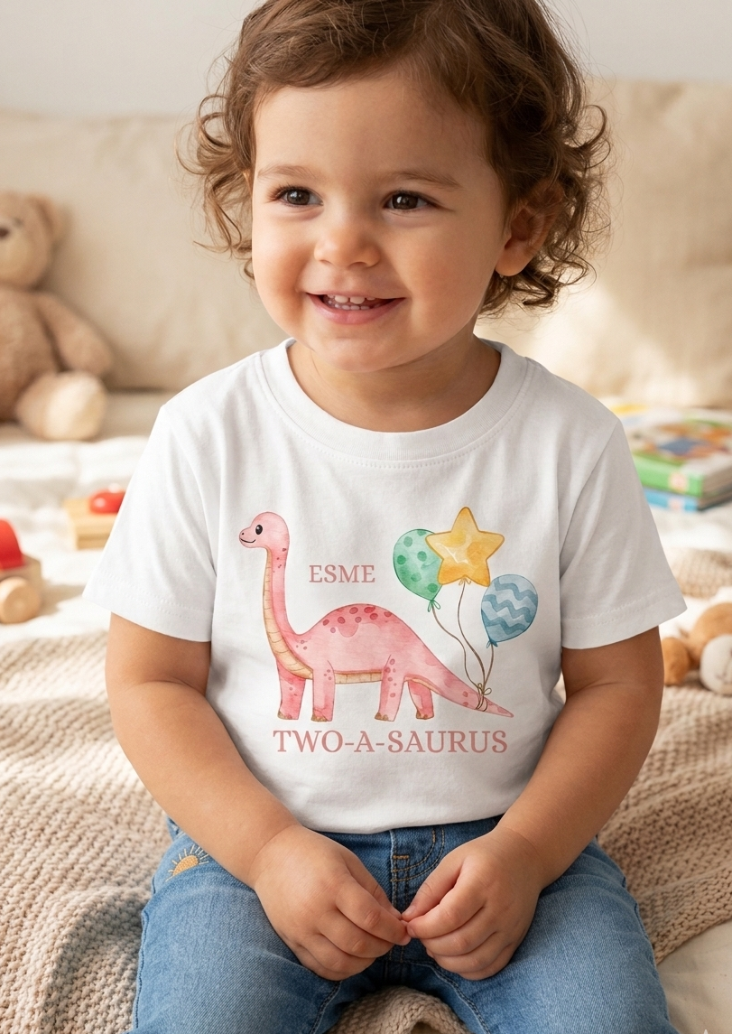 Personalised Girls Dinosaur Birthday T-Shirt, Custom Party Outfit, One Two Three