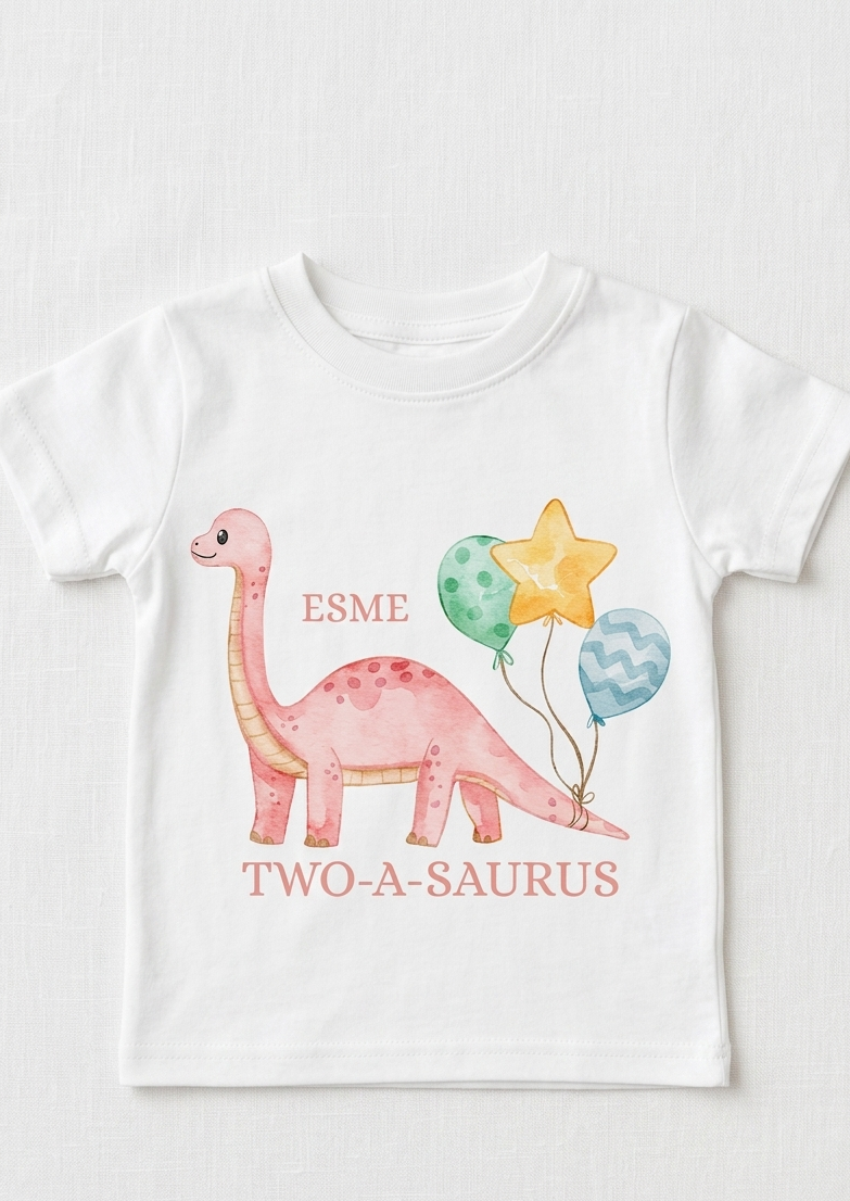 Personalised Girls Dinosaur Birthday T-Shirt, Custom Party Outfit, One Two Three