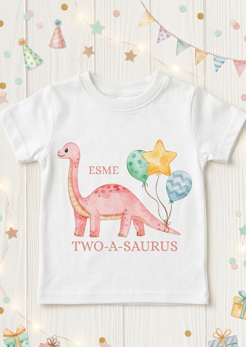 Personalised Girls Dinosaur Birthday T-Shirt, Custom Party Outfit, One Two Three