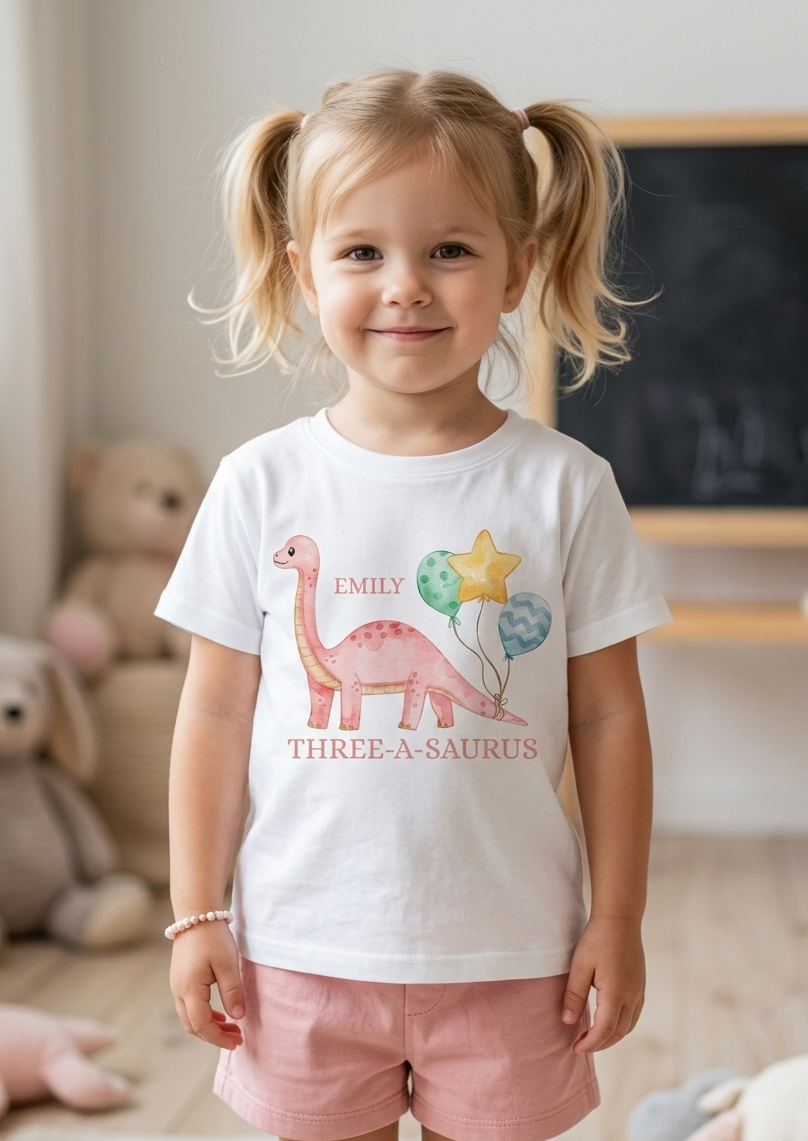 Personalised Girls Dinosaur Birthday T-Shirt, Custom Party Outfit, One Two Three
