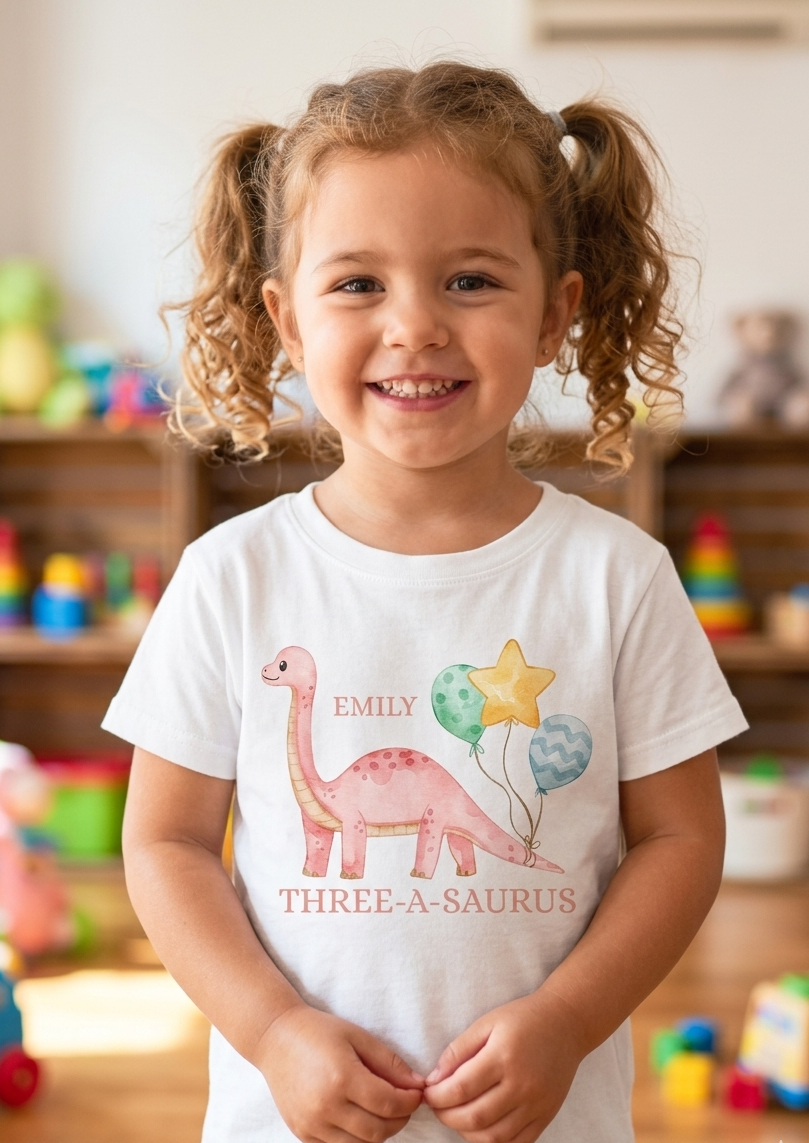 Personalised Girls Dinosaur Birthday T-Shirt, Custom Party Outfit, One Two Three