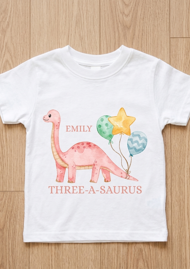 Personalised Girls Dinosaur Birthday T-Shirt, Custom Party Outfit, One Two Three