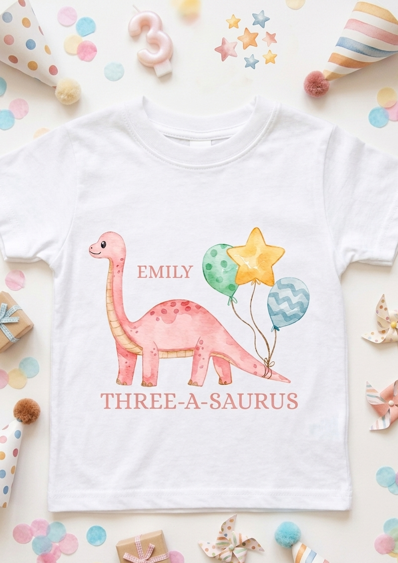 Personalised Girls Dinosaur Birthday T-Shirt, Custom Party Outfit, One Two Three