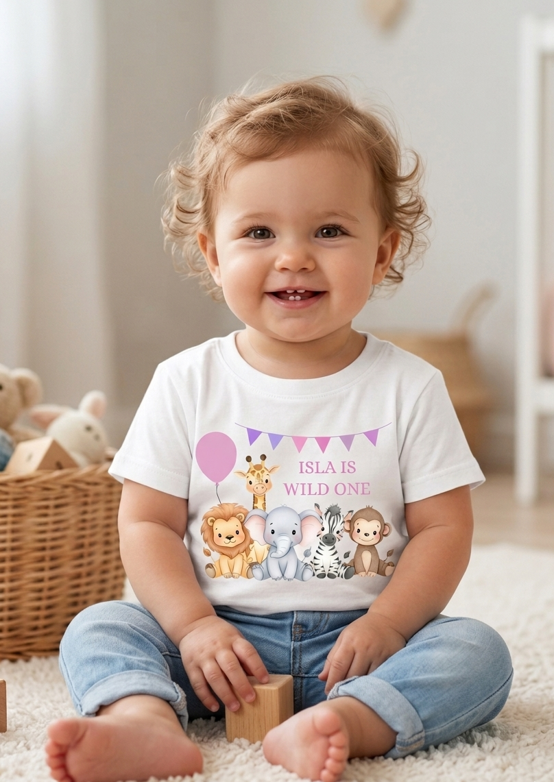 Personalised Girls Safari Animal Birthday T-Shirt, Custom Party Outfit, One Two Three
