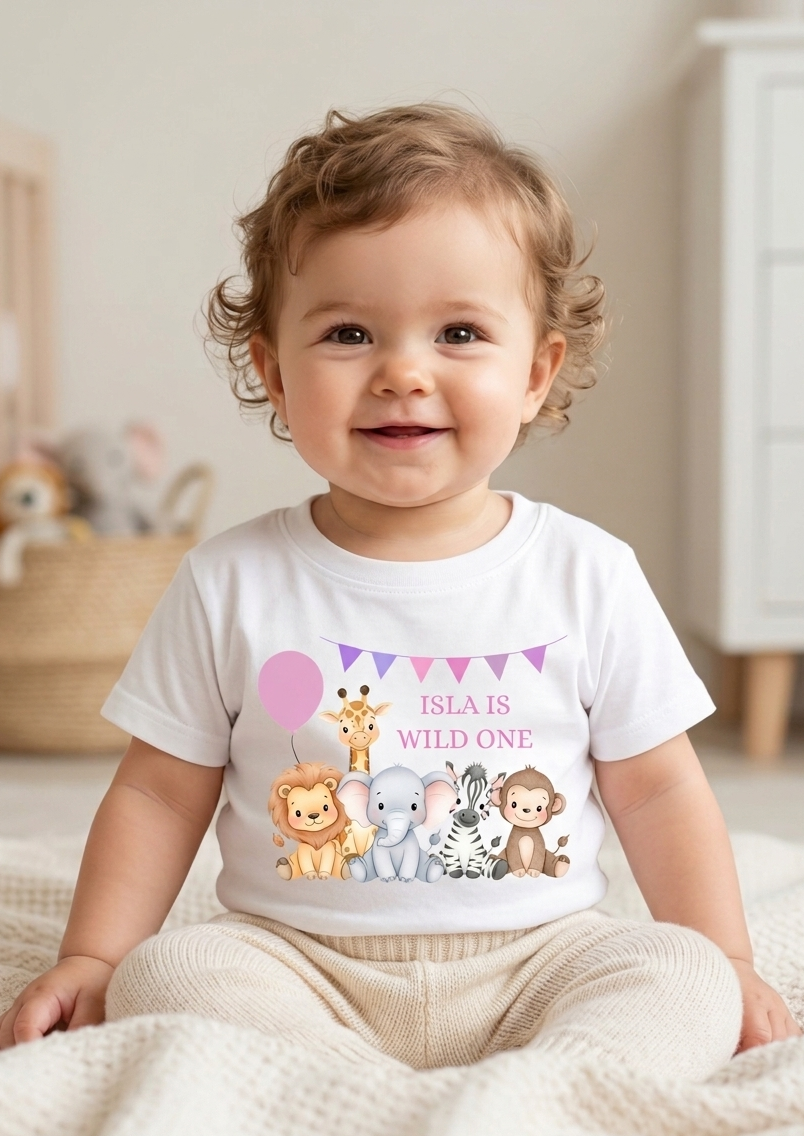 Personalised Girls Safari Animal Birthday T-Shirt, Custom Party Outfit, One Two Three