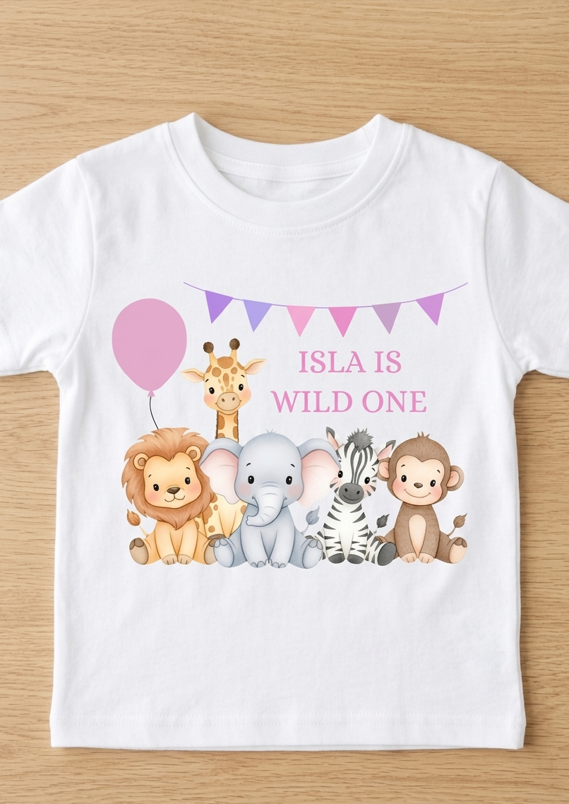 Personalised Girls Safari Animal Birthday T-Shirt, Custom Party Outfit, One Two Three