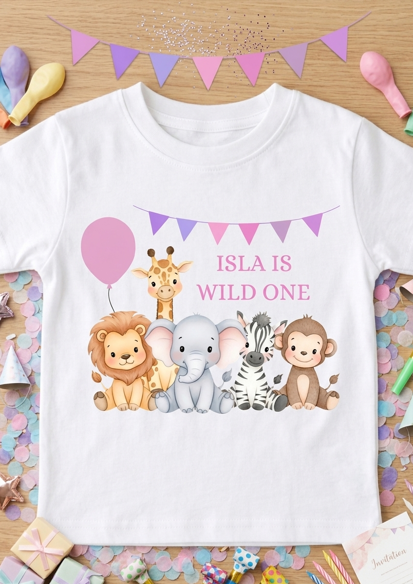 Personalised Girls Safari Animal Birthday T-Shirt, Custom Party Outfit, One Two Three