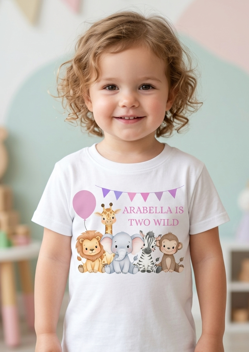 Personalised Girls Safari Animal Birthday T-Shirt, Custom Party Outfit, One Two Three