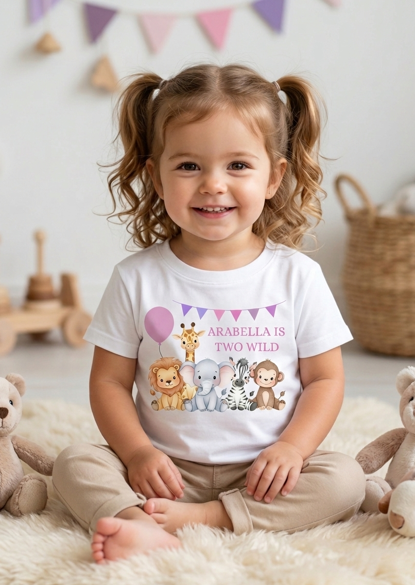 Personalised Girls Safari Animal Birthday T-Shirt, Custom Party Outfit, One Two Three