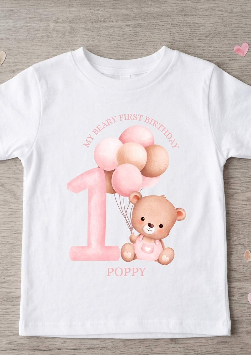 Girls Beary First Birthday T-shirt, Teddy Bear Balloons Birthday Outfit