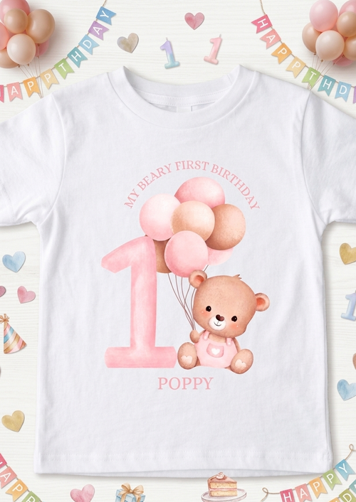 Girls Beary First Birthday T-shirt, Teddy Bear Balloons Birthday Outfit