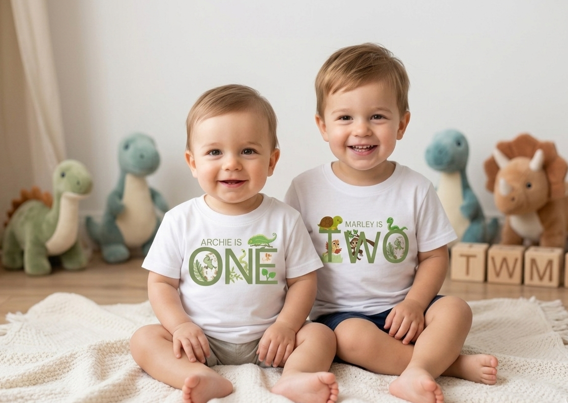 Personalised Dinosaur First, Second Birthday Tshirt, Animal Outfit, Boys One Two