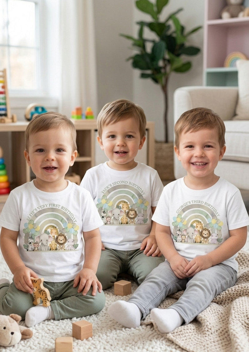 Personalised Boys 1st, 2nd 3rd Safari Birthday T-Shirt, Custom Name Toddler Party Outfit