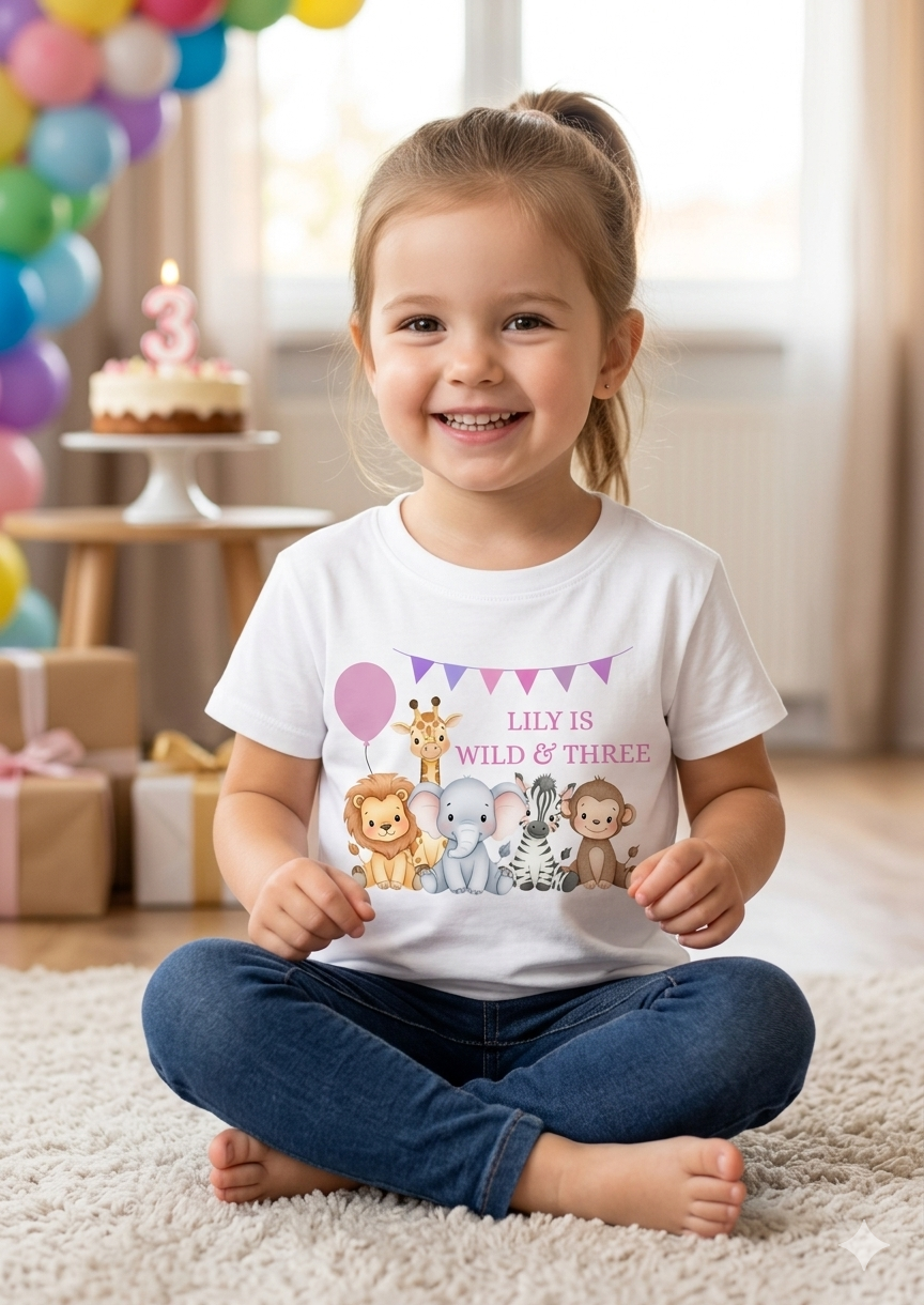 Personalised Girls Safari Animal Birthday T-Shirt, Custom Party Outfit, One Two Three