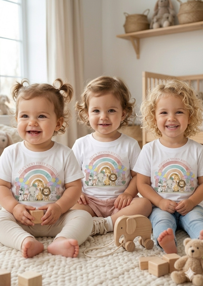 Personalised Safari Animals 1st, 2nd, 3rd Birthday T-Shirt, Custom Toddler Birthday Outfit