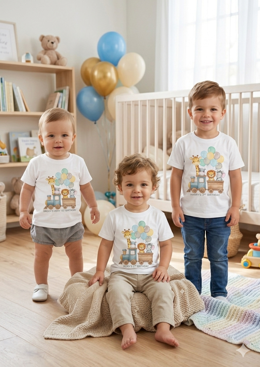 Personalised Boys 1st, 2nd, 3rd Birthday Train T-Shirt, Name Toddler Custom party outfit