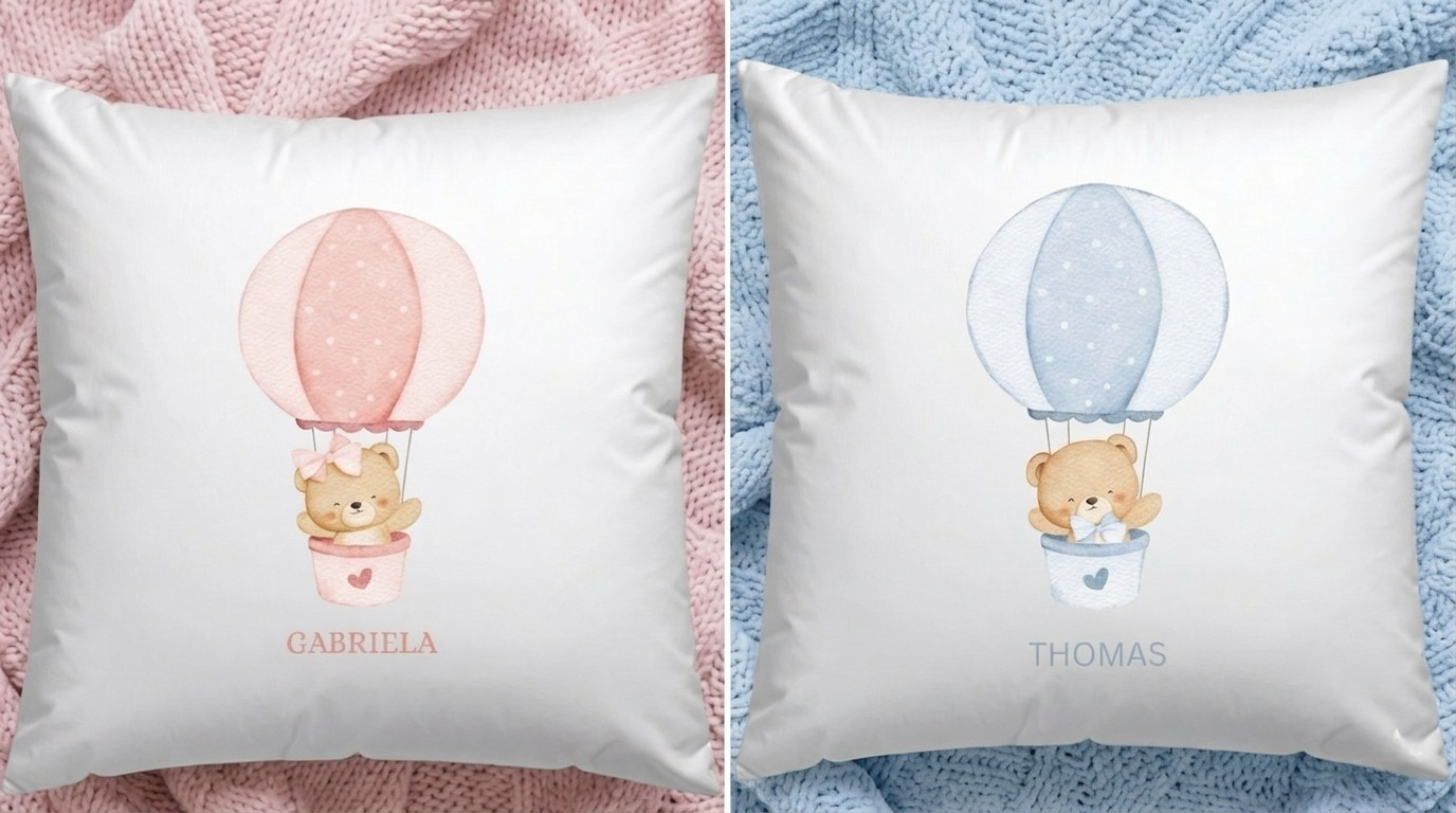 Personalised Girls Boys Name Hot Air balloon Bear Cushion, Nursery Decor pink girls Blue Boys
